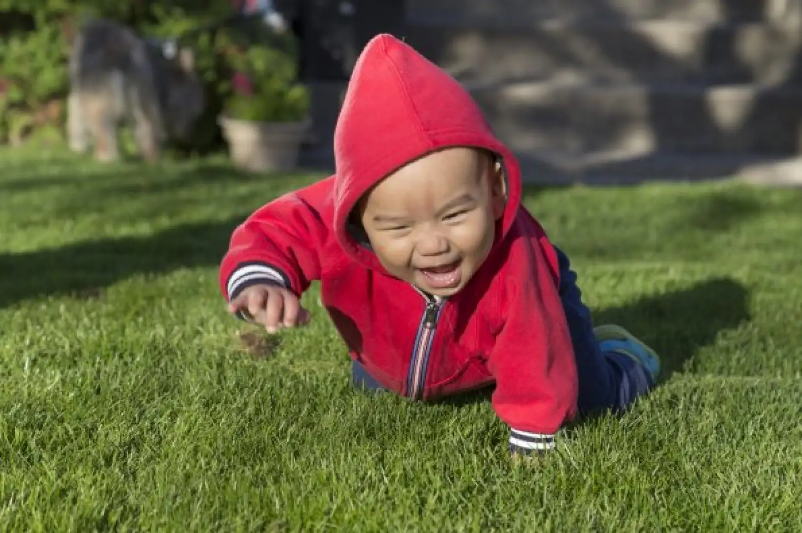 A baby crawls across the grass, smiling