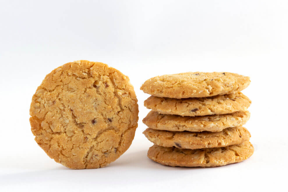 A stack of oatmeal shortbread cookies.