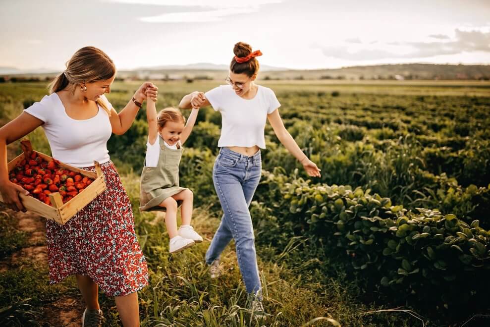 Two moms swing their daughter by her arms as they walk through a strawberry field in the summer.