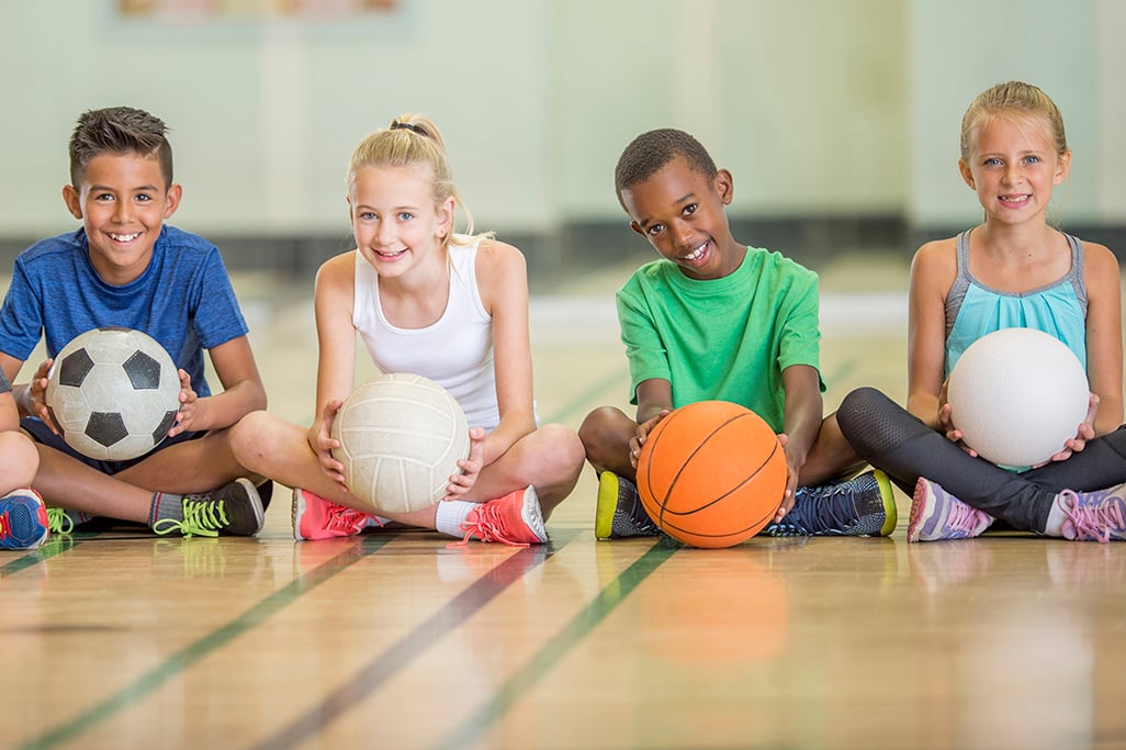  A group of children are sitting on the floor of a gym and holding various sports balls.