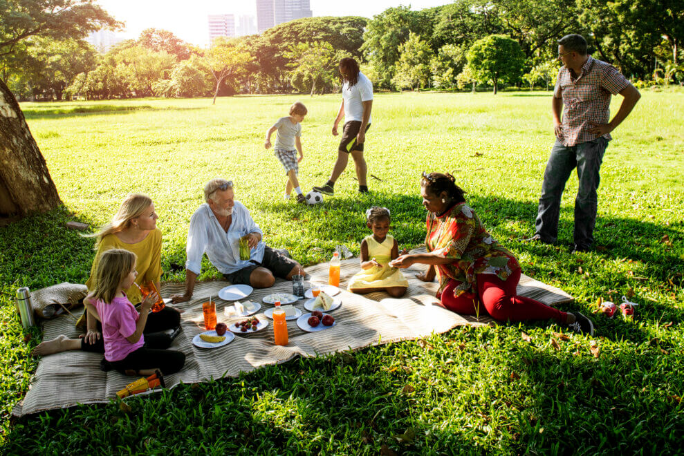 Family picnics in a grassy park while one boy and his dad kick a soccer ball around