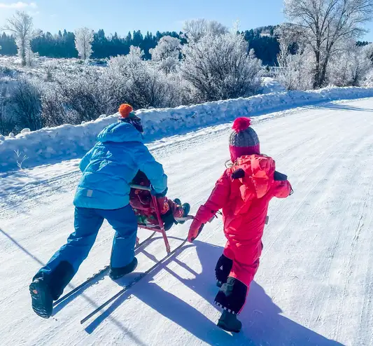 Two children outdoors, one riding a kicksled and the other running alongside