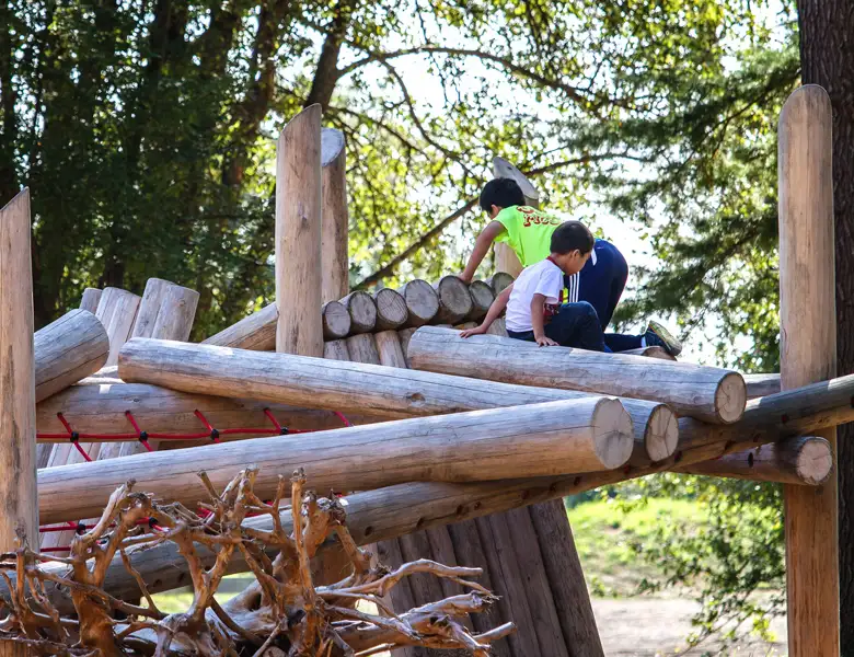 Kids climb on logs at British Columbia's Terra Nova Park