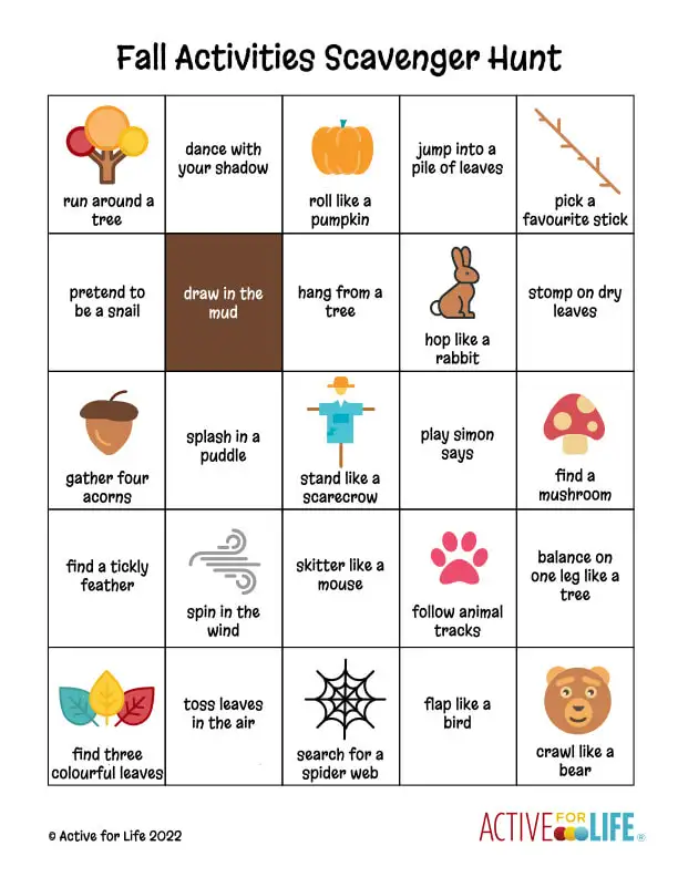 Printable fall scavenger hunt card resembling a bingo card. Each box has a different fall activity to try with your kids.