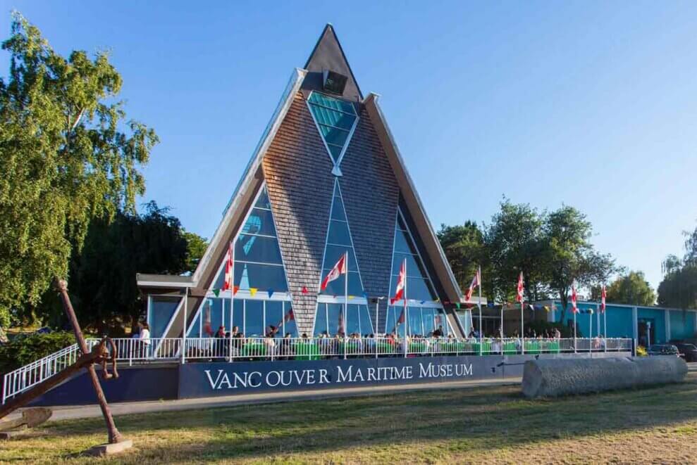 The exterior of the Vancouver Maritime Museum—an A-frame with many glass windows. 