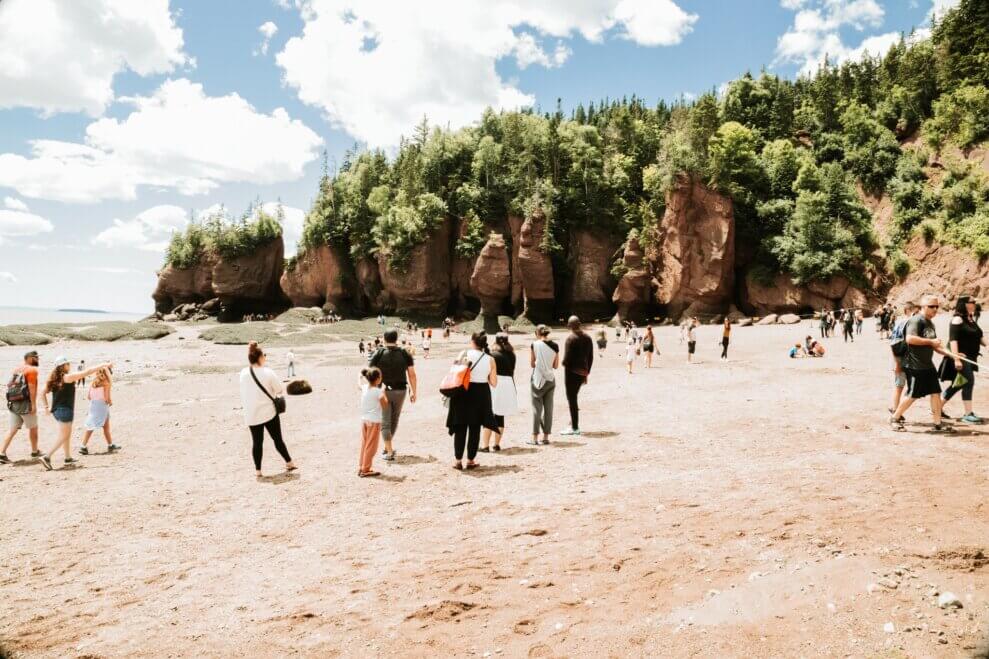 On a sunny day, groups of people walk around on the ocean floor at Hopewell Rocks.