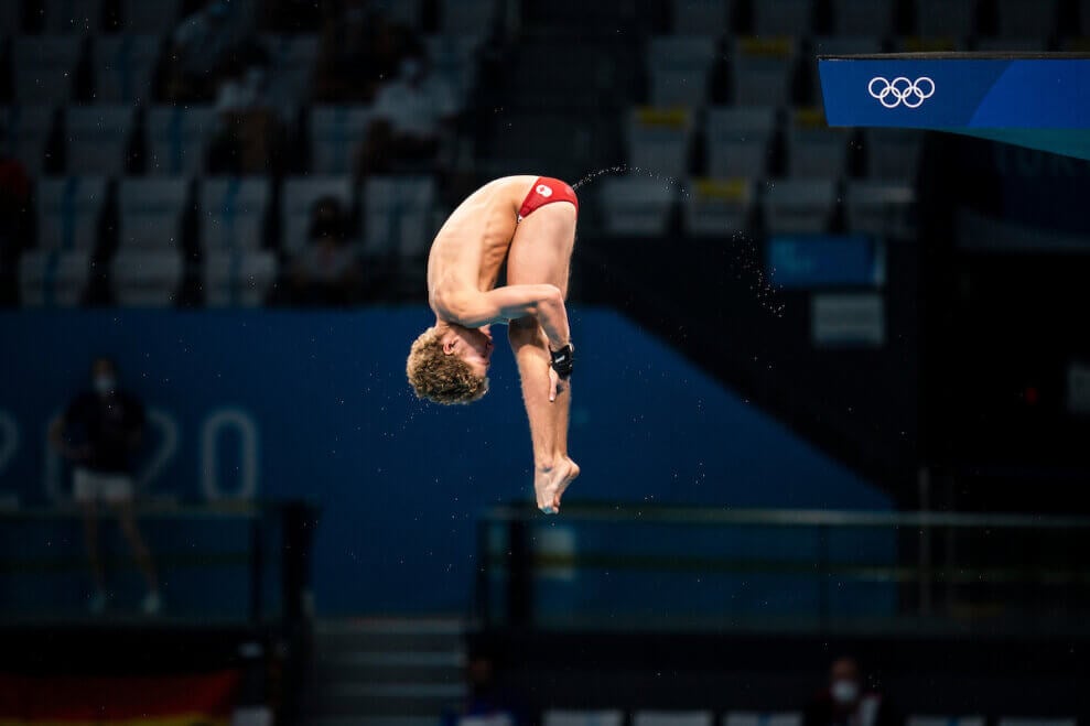 Canadian diver Rylan Wiens dives into the pool at the Tokyo 2020 Olympic Games.