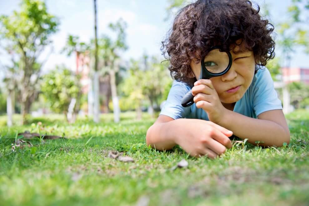 A boy lies on his stomach on the grass in a park. He holds a magnifying class up to his eye.