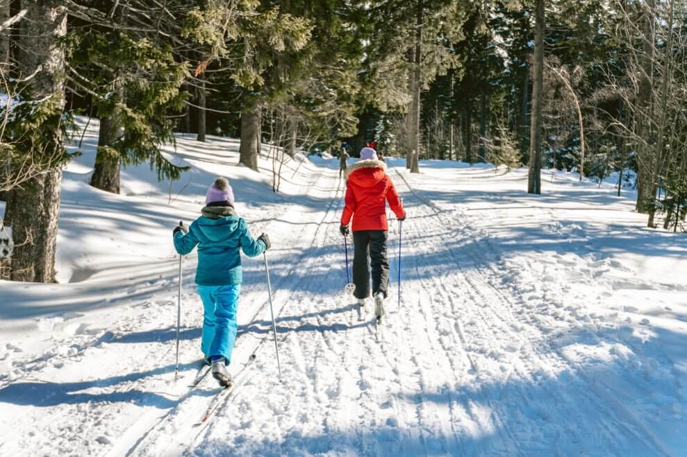A girl cross-country skis in the woods on a sunny day, following behind her mother.