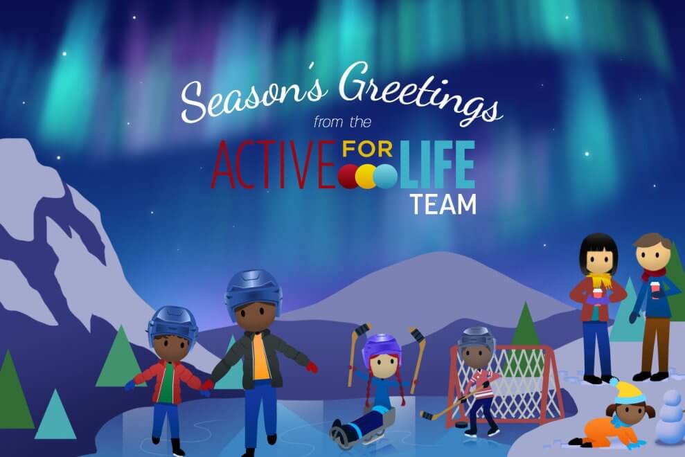 Illustrated scene of parents and children skating on a lake among the mountains, with northern lights overhead. Text reads: Season's greetings from the Active for Life team.