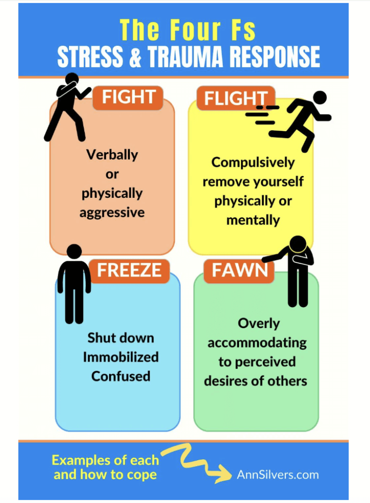 Infographic showing an explanation of the four Fs: fight, flight, freeze, fawn.