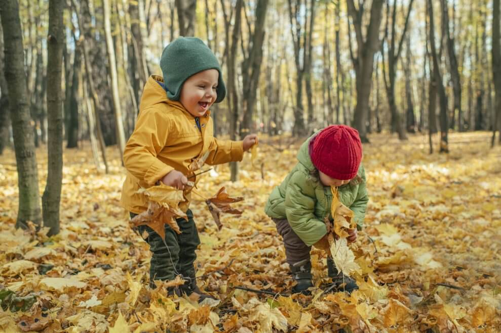 Two toddlers laugh and throw leaves in a park on a fall day.