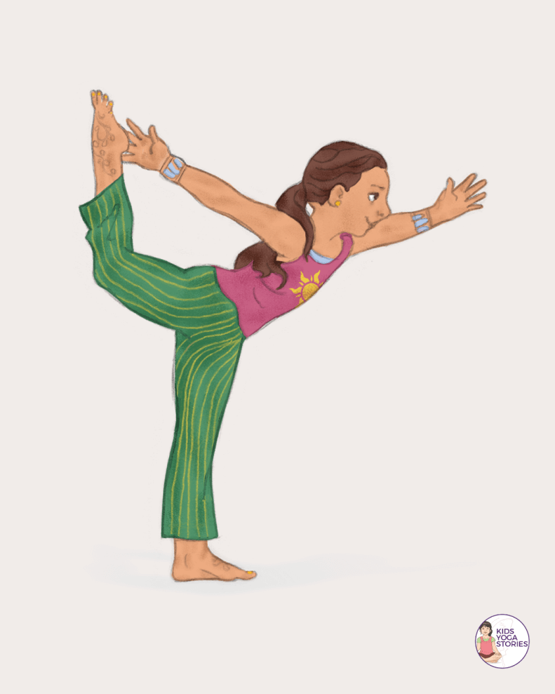 Illustration of a girl doing Dancer's Pose.