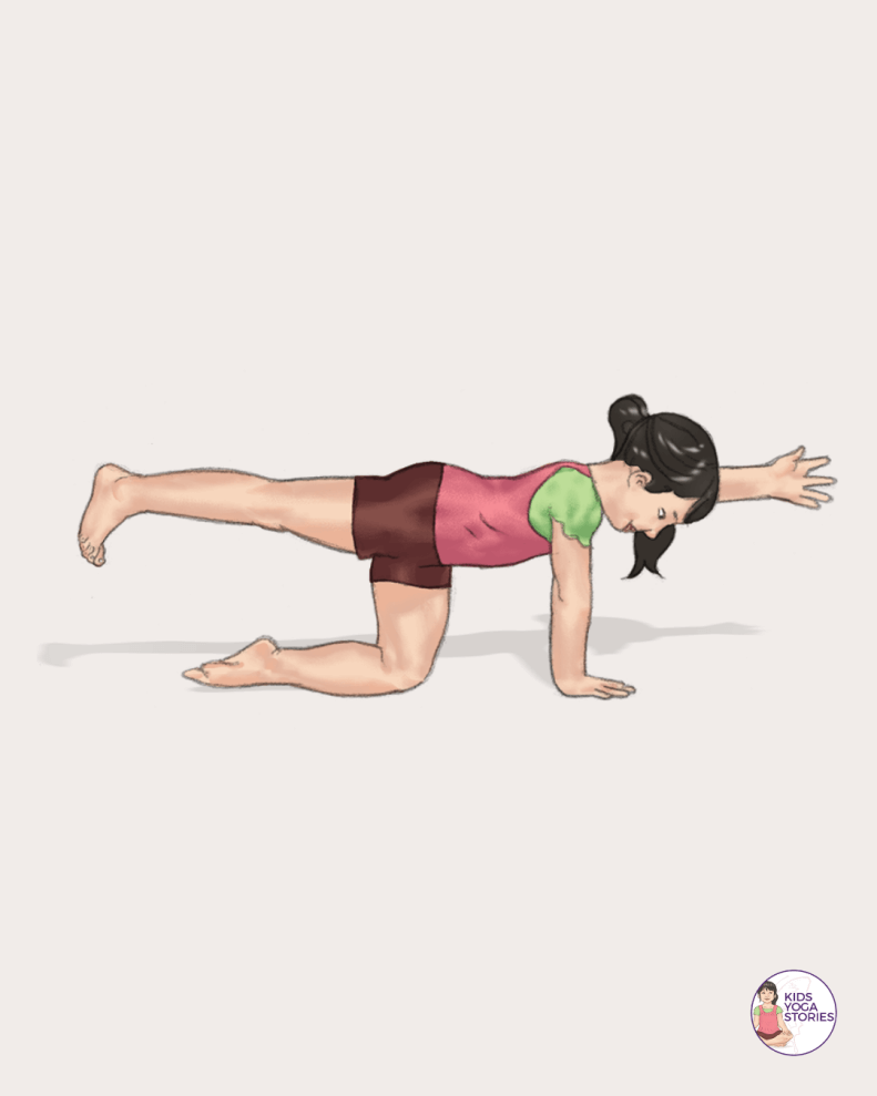 Illustration of a child doing Extended Cat Pose.