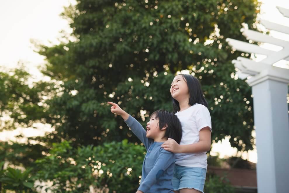 A brother and sister stand in the backyard and watch the clouds in the sky.