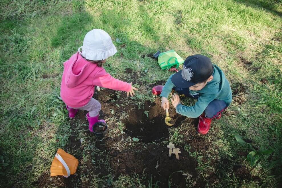 A boy and girl play and dig in the dirt with shovels and buckets.