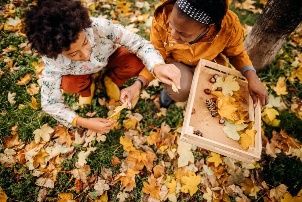 A mom and her preteen child collect leaves and acorns, placing them on a wooden tray.