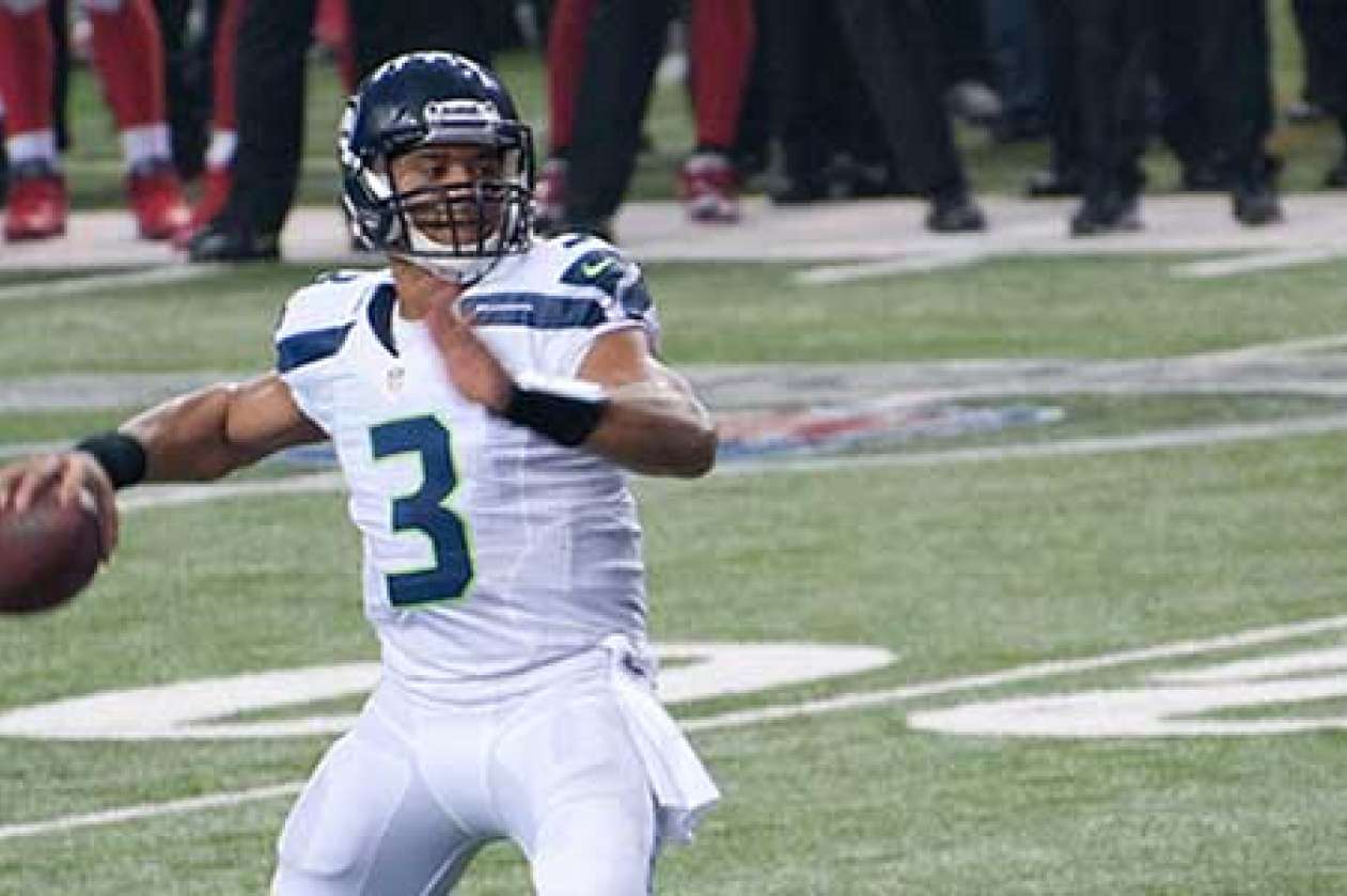 Russell Wilson, quarterback for the Seattle Seahawks, in a game versus the Atlanta Falcons on Jan. 13, 2013 at the Georgia Dome
