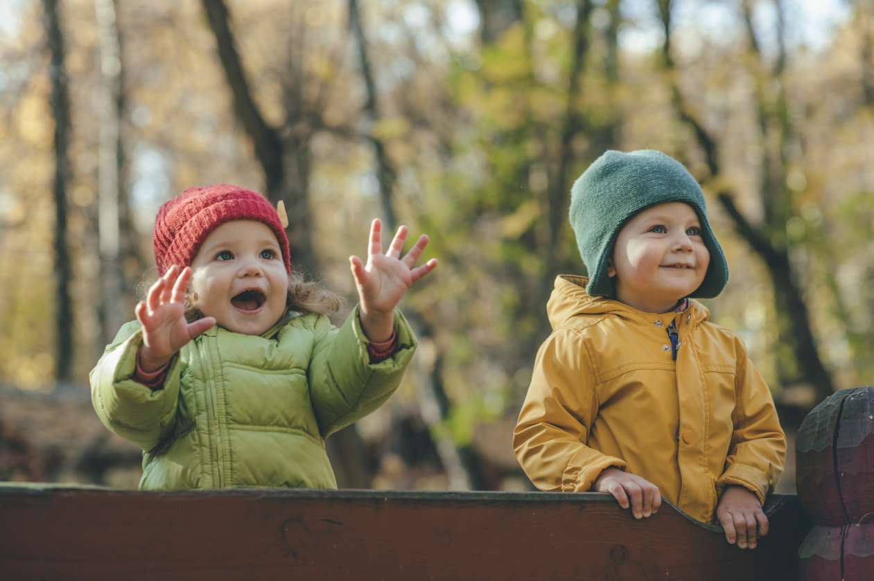 Two toddlers play outside on a fall day. They wear toques and jackets.