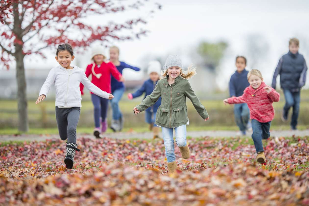 A group of seven kids of different ages play tag outside as they run through the fall leaves.