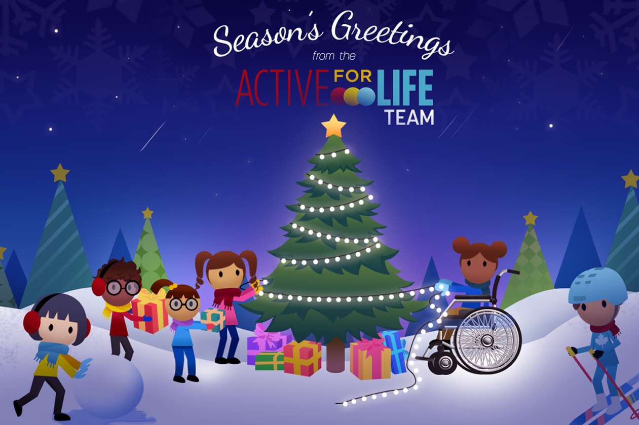 A group of kids decorates a Christmas tree outside in the snow, Text at the top of the image says: Season's greetings from the Active for Life team