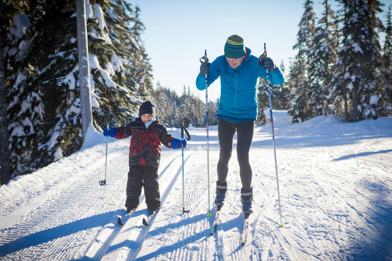 A dad and his young son cross-country ski together in the forest. The son has a smile on his face.